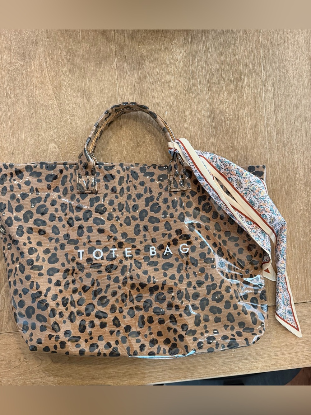 Leopard Print Tote Bag with Scarf Accent - Brown